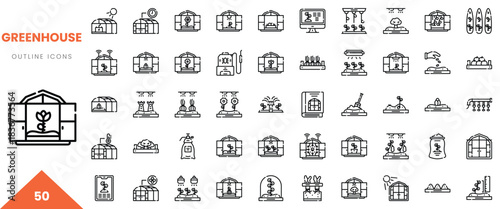 A collection of 50 outline icons related to greenhouse gardening and plant care.