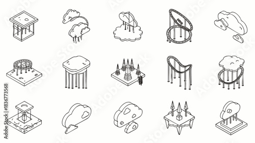 Isometric Fantasy Game Assets Collection: Hand-Drawn Outline Icons for RPG and Adventure Games.