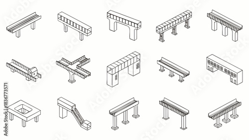 Isometric Monorail Track and Station Elements Set.