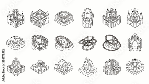 Isometric Architectural Landmarks and Stadiums Line Art Collection.