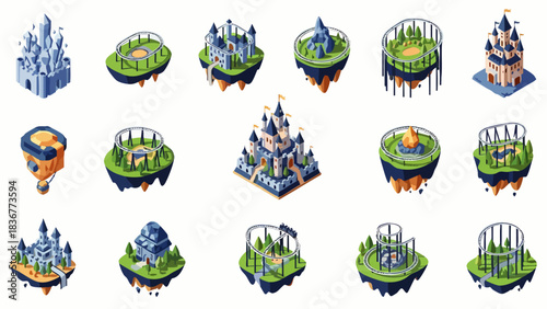 Isometric fantasy castles and floating islands set for game design.