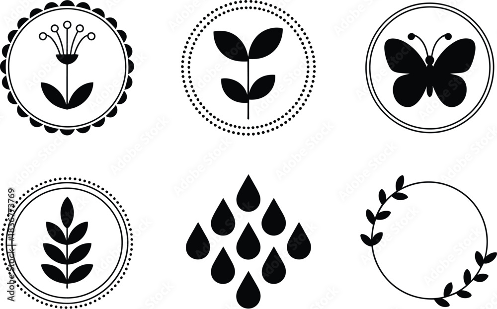 Fototapeta premium Collection of Black and White Nature-Themed Icons