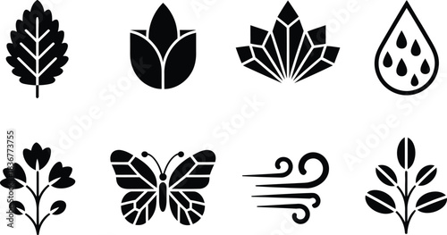Collection of Nature and Element Icons in Black and White