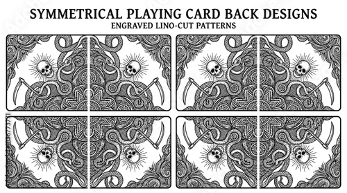 Symmetrical playing card back design with engraved skulls and scythes in vintage linocut style