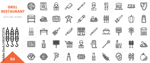 A collection of outline icons representing various grill restaurant items and cooking tools.