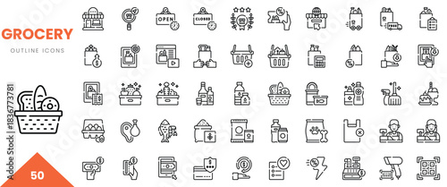 A collection of grocery-themed outline icons including shopping bags, carts, and food items.