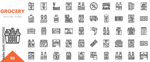Collection of grocery outline icons showcasing various food and drink items.