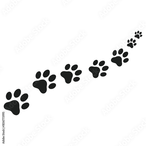 Charming black paw prints trail upward across clean white background for pets