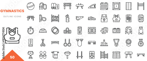A collection of gymnastics outline icons, showcasing various equipment and elements of the sport.