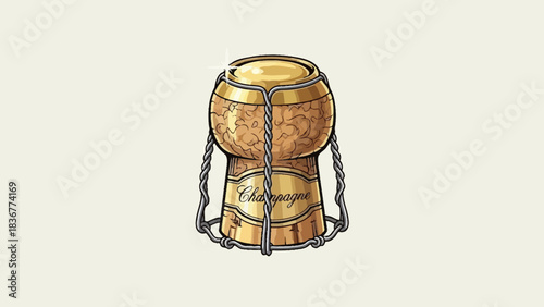 Illustration of champagne cork with muselet sparkling wine stopper for celebrations and special occasions