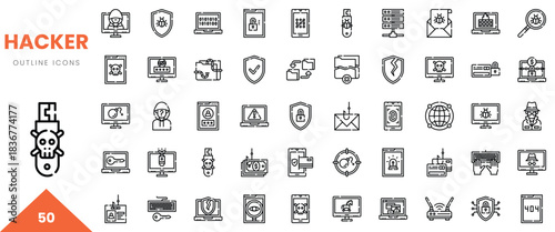A collection of hacker-themed outline icons, showcasing technology and cybersecurity elements.