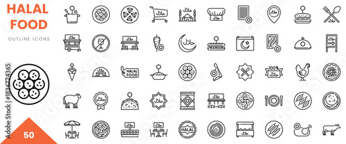 Collection of halal food outline icons showcasing diverse cuisines and dining elements.