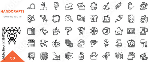 A collection of 50 outline icons depicting various handcraft tools and supplies in a minimalist style.