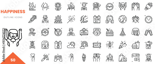 Outline icons representing happiness, featuring cheerful symbols and celebrations in a vibrant design.