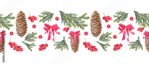 Watercolor seamless border with Christmas tree with toy fir or pine cone with red ribbon bow on white background. Forest rim for New Year celebration. Berry for card sticker. Wallpaper wrapping