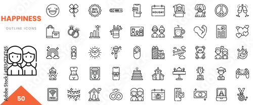 Two smiling individuals represent happiness and joy, surrounded by various icons symbolizing positive experiences.