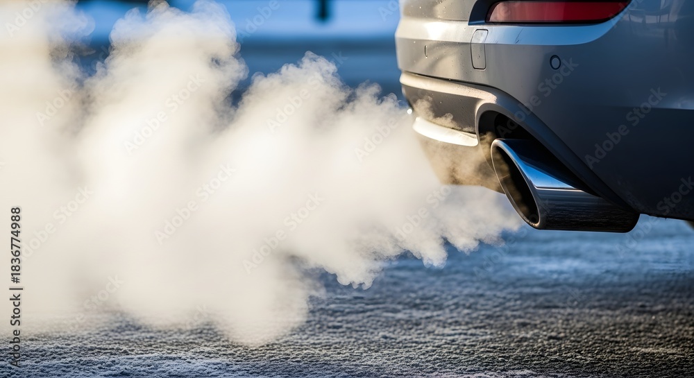 Obraz premium Car exhaust pipe emitting dense white smoke in cold winter air for environmental pollution concept and global warming concerns