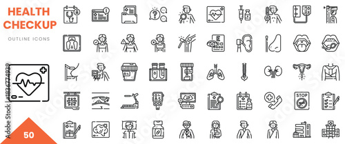 Collection of health checkup outline icons representing various medical procedures and equipment.
