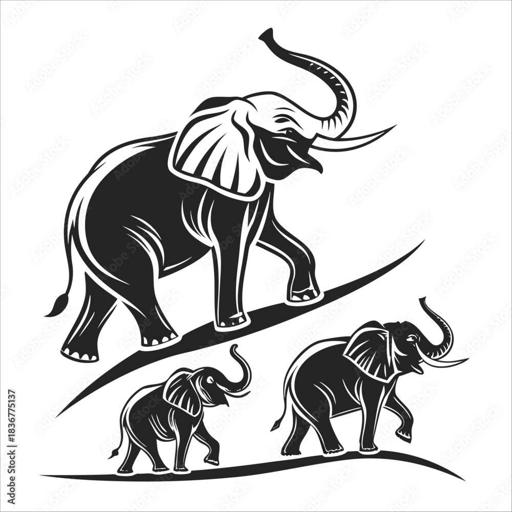 Obraz premium Highly Detailed Ornamental Elephant and Calf Vector Art.Monochromatic Wildlife Scene with Rich Tribal Patterns.Premium Graphic for Luxury Brand Logos or Textile Prints.