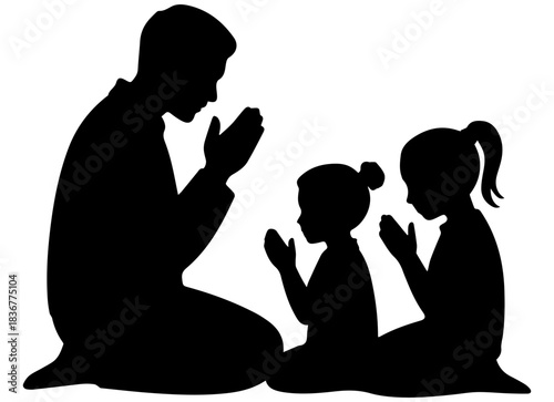 Father and two children kneeling, praying with devotion and faith.