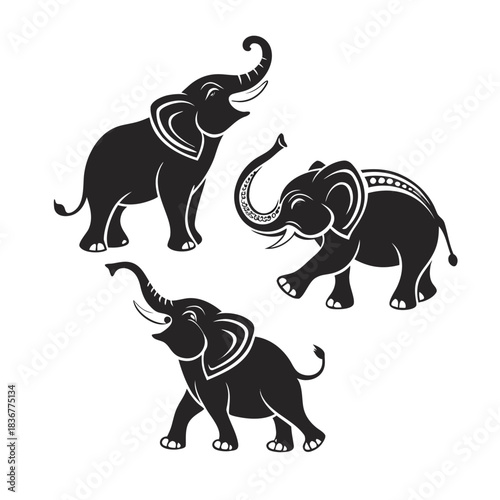Set of Three Stylized Black Elephant Silhouettes.Decorative Vector Icons for Traditional or Ethnic Designs.Perfect for Branding, Festival Graphics, and Print.