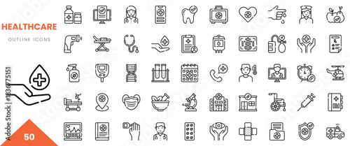 A collection of healthcare outline icons highlighting medical services, tools, and wellness.