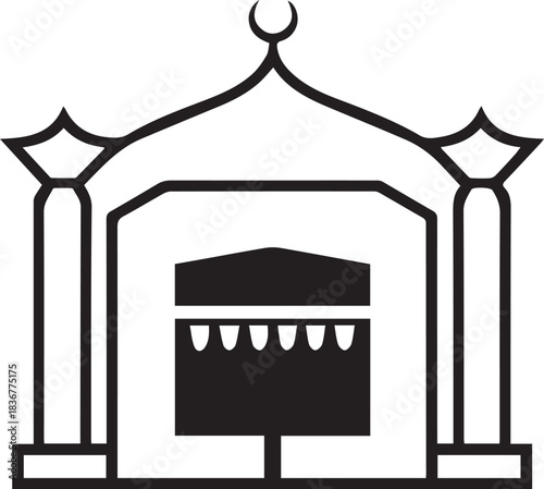 Minimal silhouette style vector Kaaba logo design featuring clean black geometric shapes, elegant Islamic symbolism, simple line art, modern spiritual branding icon ideal for religious organizations, 
