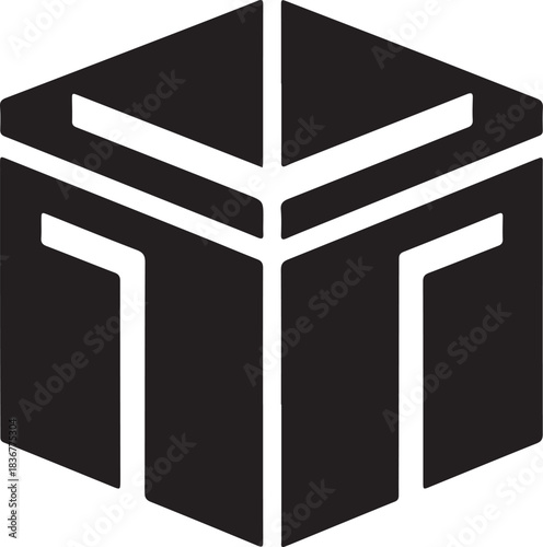 Minimal silhouette style vector Kaaba logo design featuring clean black geometric shapes, elegant Islamic symbolism, simple line art, modern spiritual branding icon ideal for religious organizations, 