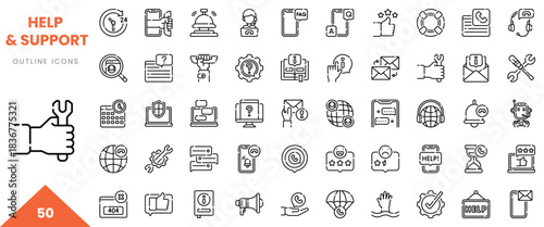 A collection of 50 outline icons illustrating help and support services in various contexts.