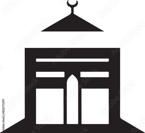 Minimal silhouette style vector Kaaba logo design featuring clean black geometric shapes, elegant Islamic symbolism, simple line art, modern spiritual branding icon ideal for religious organizations, 