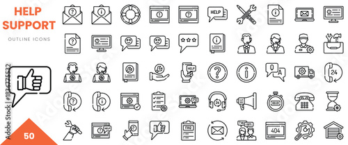 Collection of help and support outline icons featuring various assistance symbols.