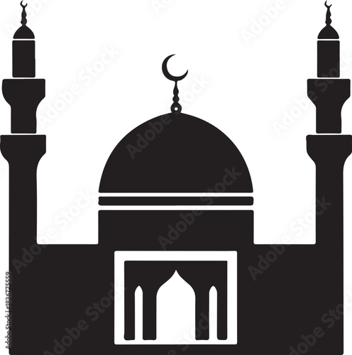 Minimal silhouette style vector mosque logo design featuring clean black shapes, elegant architectural domes, simple line art, modern Islamic branding icon ideal for cultural projects, spiritual theme