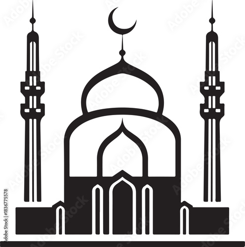 Minimal silhouette style vector mosque logo design featuring clean black shapes, elegant architectural domes, simple line art, modern Islamic branding icon ideal for cultural projects, spiritual theme