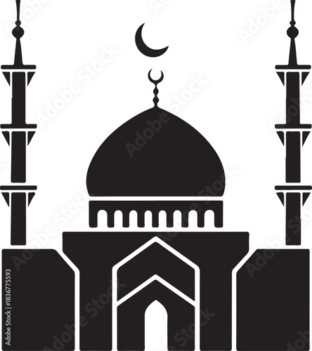 Minimal silhouette style vector mosque logo design featuring clean black shapes, elegant architectural domes, simple line art, modern Islamic branding icon ideal for cultural projects, spiritual theme