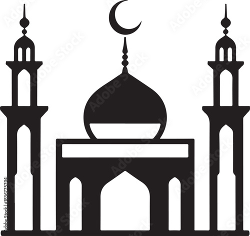 Minimal silhouette style vector mosque logo design featuring clean black shapes, elegant architectural domes, simple line art, modern Islamic branding icon ideal for cultural projects, spiritual theme