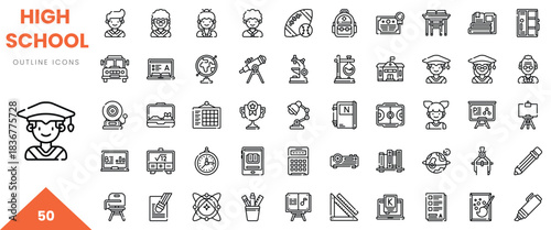 Collection of high school-themed outline icons showcasing students, subjects, and school activities.