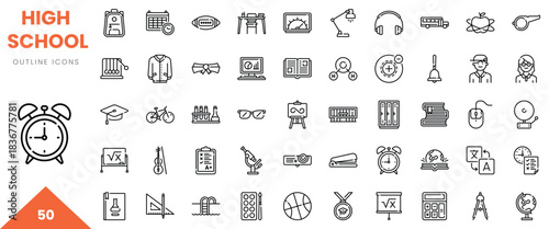 A collection of high school-related outline icons, including educational tools and student life.