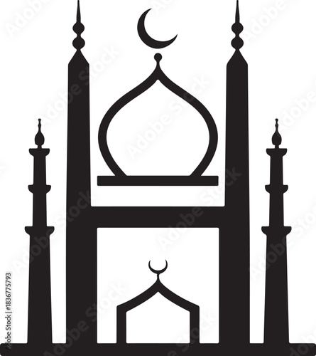 Minimal silhouette style vector mosque logo design featuring clean black shapes, elegant architectural domes, simple line art, modern Islamic branding icon ideal for cultural projects, spiritual theme