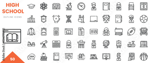 Collection of high school-related outline icons for educational themes and subjects.