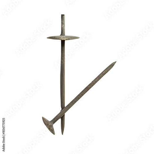 A pair of vintage, hand-forged iron spikes, weathered and corroded, standing upright and leaning, emphasizing their ancient craftsmanship and rustic charm