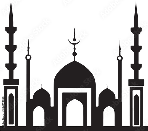 Minimal silhouette style vector mosque logo design featuring clean black shapes, elegant architectural domes, simple line art, modern Islamic branding icon ideal for cultural projects, spiritual theme