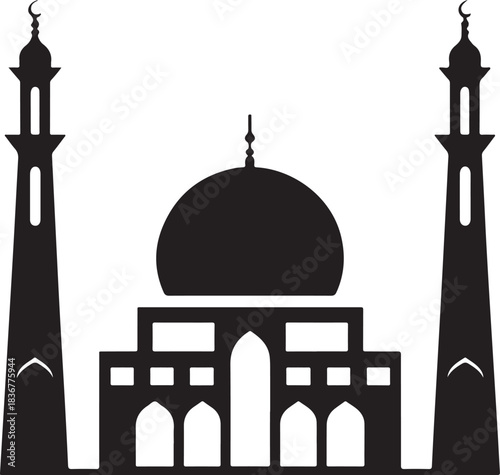 Minimal silhouette style vector mosque logo design featuring clean black shapes, elegant architectural domes, simple line art, modern Islamic branding icon ideal for cultural projects, spiritual theme