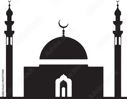 Minimal silhouette style vector mosque logo design featuring clean black shapes, elegant architectural domes, simple line art, modern Islamic branding icon ideal for cultural projects, spiritual theme