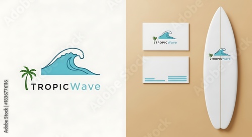 Clean wave logo on business cards and surfboard mockup for design
