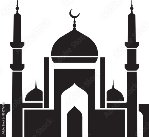 Minimal silhouette style vector mosque logo design featuring clean black shapes, elegant architectural domes, simple line art, modern Islamic branding icon ideal for cultural projects, spiritual theme