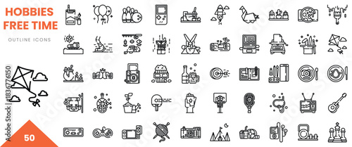 A collection of 50 outline icons representing various hobbies and leisure activities.