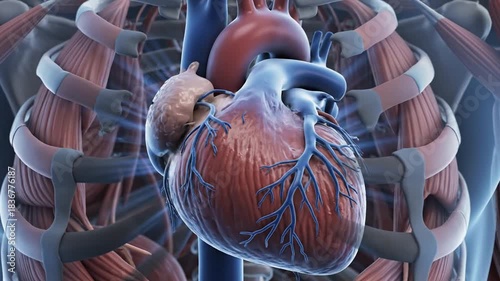 Human heart anatomy, detailed illustration. Heart with blood vessels, rib cage. Internal organs, cardiovascular system. Medical concept, educational diagram. 3D rendering, realistic depiction. Human