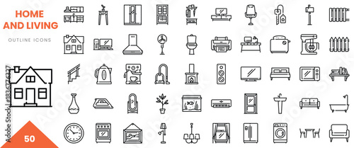 A collection of 50 home and living outline icons featuring various household items.