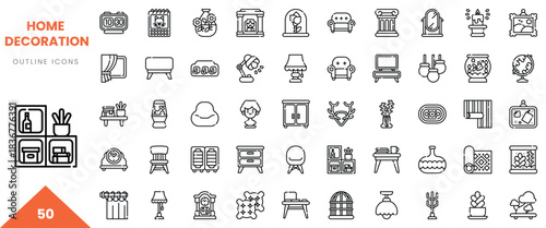 Various home decoration outline icons showcasing furniture, decor items, and accessories.