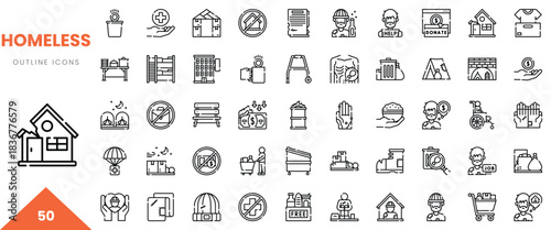 A collection of 50 outline icons representing homelessness and support services.